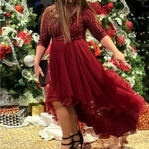 Elegant High-Low Wine Dress L size